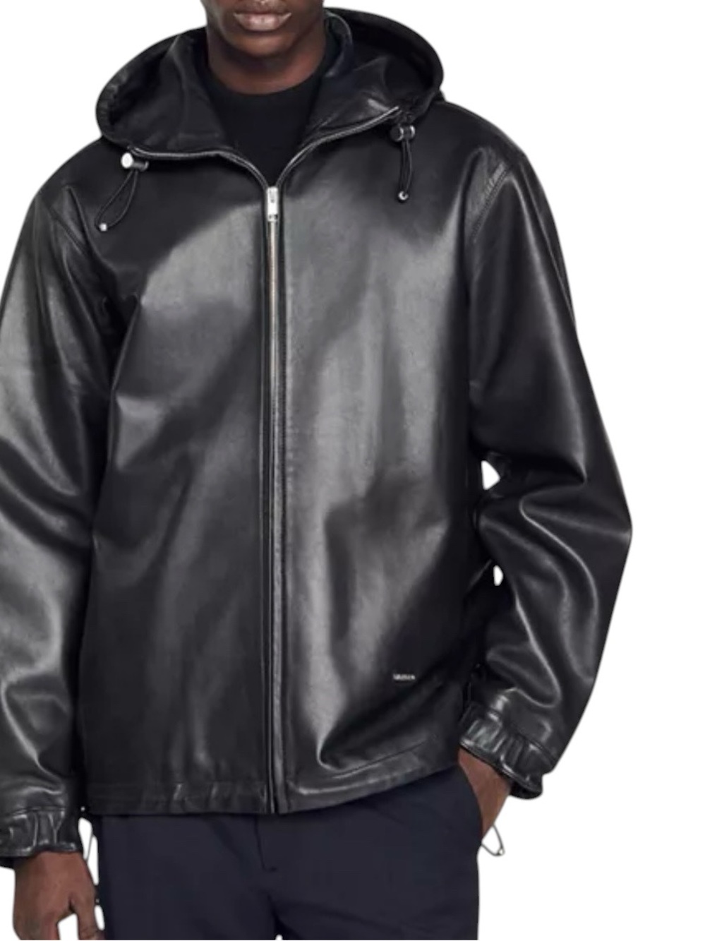 Sandro Paris Lambskin Leather Hooded Jacket Men’s XS Black Zip $1345 MSRP